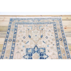 Tapis turc vintage 3,6x14,1 pieds, tapis beige géométrique en laine - Product Image 4