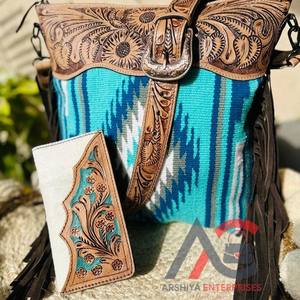 Bolsos de hombro con flecos de cuero tallado en lana Jacquard hechos a mano Real, bolsos de mano de cuero de vaca con estilo, conjuntos combinados únicos - Product Image 1