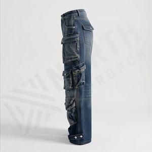 Custom Women <b>Vintage</b> Acid Wash Cargo Denim Jeans High Waist Zipper Fly Loose Fit 100% Cotton Flat Front Style Fashion <b>Trousers</b> - Product Image 3