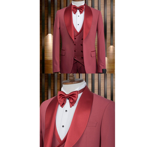 Traje de esmoquin elegante de lana para hombre, para boda, fiesta o noche, 80% lana, corte ajustado, cierre de botón, tela roja de lana worsted - Product Image 4