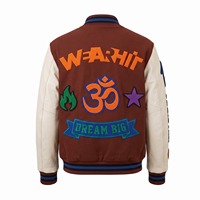 Veste universitaire en chenille avec patchs sur toute la surface, en laine acajou et manches en cuir crème, modèle Dream Big Letterman, OEM