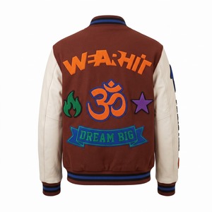 Blouson universitaire en chenille avec patchs, en laine acajou et manches en cuir crème, symbole OM, blouson Letterman « Dream Big », OEM - Product Image 2