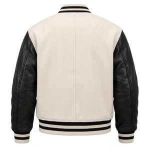 Blouson universitaire premium en cuir noir crème avec corps en laine, style bomber, streetwear, logo personnalisé, OEM, ODM, vente en gros, USA - Product Image 2