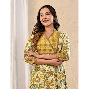 Vestido Largo Estampado Jaal de Algodón Amarillo Crema, Elegante, Talla Única XS, con Mangas Abullonadas, para Fiestas de Cumpleaños, Oficina, Trabajo, Club, Uso Diario - Product Image 1