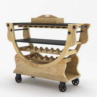 Chariot de bar en teck massif, artisanal, éco-responsable, style industriel antique, pour usage domestique, avec porte-bouteilles et porte-verres.