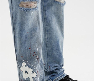 2025 nouveaux hommes en détresse jean croix motif Hip Hop Style respirant décontracté long jean pour printemps hiver haute rue mode - Product Image 5