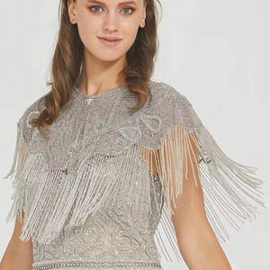 Cape de soirée élégante pour femme, faite à la main, broderie lourde, perles argentées, strass, sequins, polyester, Chandni Export House - Product Image 1