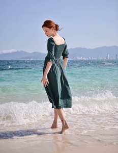 Robe mi-longue en lin bio pour femmes, confortable et élégante, design à épaules dénudées, vêtements d'été lavables. - Product Image 4