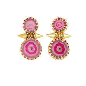 Natural pink solar quartz prong set <b>earring</b> 18k gold plated brass statement <b>earring</b> handmade gemstone wholesale women jewelry - Product Image 1