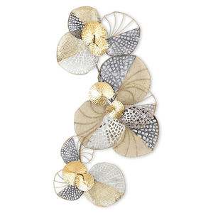 Art mural en métal au design unique, feuille de fer peinte à la main, décoration dorée, grise et blanche, art mural pour salon, hôtel, bureau - Product Image 1