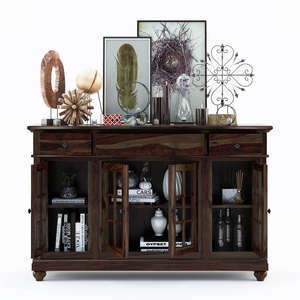 Aparador Moderno de Madera de Teca Maciza Ecológica, Mueble de Almacenamiento para Comedor, Mueble de Exhibición con Puertas de Vidrio y Cajones para Sala de Estar - Product Image 3