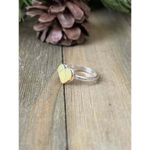Zuni Handmade Yellow Opal (<b>Man</b>-Made) Sterling <b>Silver</b> Lover's <b>Ring</b> Size 6.25 Tarnish-Free Bezel Setting Stainless Steel Inlay - Product Image 4