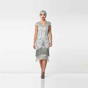 Robe de soirée élégante en tissu crêpe longueur thé pour femmes décontractée à manches courtes antistatique franges silhouette droite pour les soirées - Product Image 4