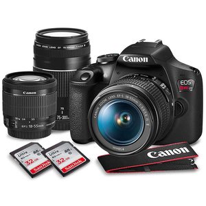 Appareil photo reflex numérique T7 Rebel reconditionné avec kit d'objectifs 18-55 mm et 75-300 mm, carte SD double 32 Go, ensemble d'accessoires pour la photographie HD - Product Image 1