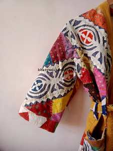 Best Selling Long Winter Quilted Coat Cut Work Embroidery Indian <b>Kimono</b> Style Vintage Kantha Jacket Cotton <b>Belt</b> Breathable - Product Image 3