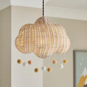 Leuke Wolk Vorm Natuurlijke Rotan Hanglamp Plafondlamp Rotan En Bamboe Lampenkap Met Pom Poms