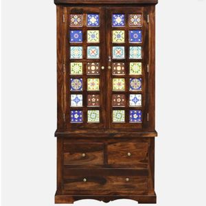 Armoire 2 portes de style traditionnel Siramika Chêne miel et finition teck provincial Bois de sheesham pour application dans la chambre à coucher - Product Image 4