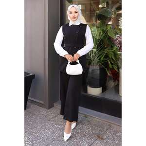 Ensemble décontracté noir à imprimé floral avec gilet et pantalon, ceinture incluse, en tissu tissé, longueurs longues et mi-longues, saison estivale, taille XL - Product Image 1