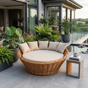 Natural Chunky Rattan Round Outdoor <b>Daybed</b> Cream Round <b>Mattress</b> Pillow Accent Patio Sunbed Setup Decor Pure Art Room Design - Product Image 2
