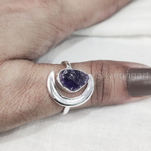 Rough Stone Jewelry Womens <b>Ring</b> Natural Amethyst Gemstone February Birthstone Crescent Moon <b>Adjustable</b> 925 <b>Sterling</b> <b>Silver</b> <b>Ring</b> - Product Image 4