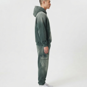 Custom Logo Men's <b>Spray</b> Dyed Tracksuits 360 GSM Fleece Zipper Hoodies and Sweatpants Retro Street Wear Tracksuit for Men - Product Image 5