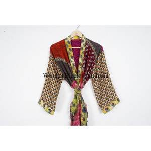 High Quality Elegant Floral Patchwork Silk Blend Kimono <b>Robe</b> <b>Satin</b> Lounge Wear Spring Summer Nightwear Gown Drawstring Closure - Product Image 2