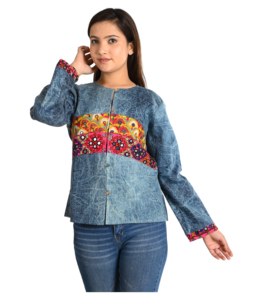 Long manteau d'hiver en coton matelassé fait à la main respirant brodé motif floral veste bouton décoration court chaud Style Kantha - Product Image 1