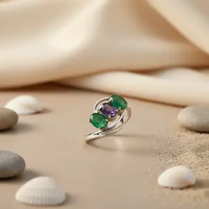 Bague en argent 925 avec pierres précieuses pour femmes, ornée d'émeraude et de saphir - Product Image 3