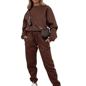 ชุดวอร์มขนแกะ2ชิ้นสำหรับผู้หญิงเสื้อกันหนาวสวมหัวคอกลมแขนยาวชุดวิ่งพร้อมเชือกกางเกงเลานจ์ - Product Image 1