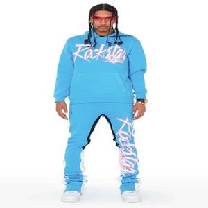 OEM 100% Cotton Print Cut Raw Hem Edge Hoodie Embroidery <b>Pant</b> Men Tracksuit Heavyweight Stacked Flared <b>Women</b> Two Pieces Jogger - Product Image 3