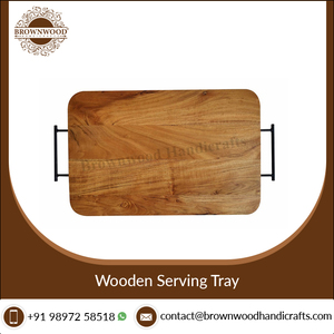Elegante bandeja de servicio Rectangular de madera de color con acabado de madera natural personalizada hecha a mano con asas de metal para cocina y comedor - Product Image 6