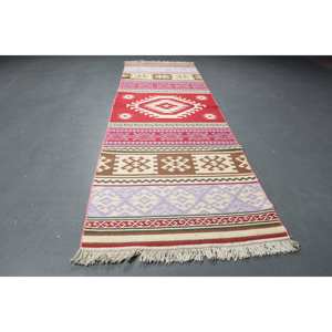 Alfombra turca vintage de 2.6x8.1 pies (80x246 cm), alfombra de lana roja con lunares - Product Image 2