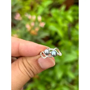 Bague en perle noire naturelle de Tahiti, argent sterling 925, bijoux en perles faits à la main, fournisseur en gros - Product Image 1