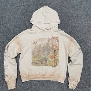 Sweat à capuche pour homme surdimensionné à coupe ample, effet délavé par pulvérisation, strass, impression DTG, poignets à trois couches - Product Image 1