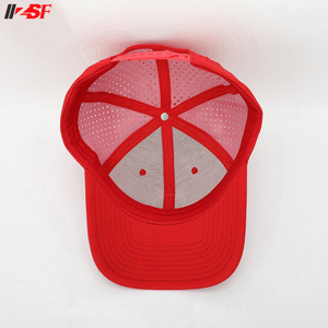 Casquettes de baseball personnalisées en polyester rouge à 5 panneaux pour hommes, tricotées imperméables, à 6 panneaux, style structuré, avec écusson pour trous découpés, pour tissu commun - Product Image 6