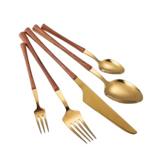 5 Pieces Stainless Steel Gold <b>Flatware</b> <b>Set</b> Modern Design Wood Handle Cutlery <b>Set</b> Hotel Restaurant Wedding Silverware Gift <b>Set</b> - Product Image 1