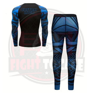 2026 Blue Black Contrast Color New Trendy High Elasticity <b>Gym</b> Fitness 2-Piece Printed Spandex/Nylon Rash Guard <b>Set</b> for Men - Product Image 2