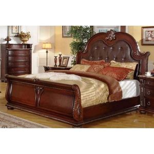 Cama de plataforma de madera maciza de diseño tradicional de caoba marrón antiguo clásica y duradera con características talladas a mano-5 piezas - Product Image 3