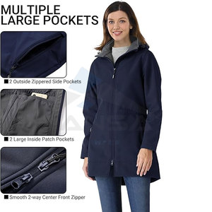 Chaqueta Cortavientos Softshell para Mujer, Forrada de Felpa, Aislada, Larga, Impermeable, con Capucha Desmontable, Azul Oscuro - Product Image 4
