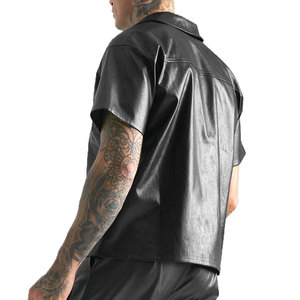 Chemises en cuir PU à manches courtes pour hommes, design streetwear personnalisé de haute qualité, décontractées pour l'extérieur, col montant à boutons, écologiques - Product Image 2