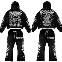 Sudadera Corta con Estampado Personalizado, Lavado Ácido, Completamente Decorada con Pedrería, Pantalones Deportivos Acampanados para Hombre, Conjunto Deportivo de Algodón