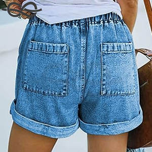 Short en jean décontracté pour femmes taille haute déchiré jean court extensible cordon taille élastique à la mode confortable - Product Image 2