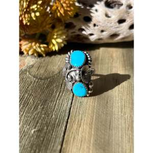 Navajo Handmade Kingman Turquoise Sterling Silver Adjustable <b>Statement</b> <b>Ring</b> - Product Image 1