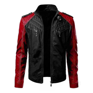 Blouson moto homme en cuir PU rouge et noir à blocs de couleur, col montant, fermeture éclair, coupe ajustée, manches classiques, style automne - Product Image 1
