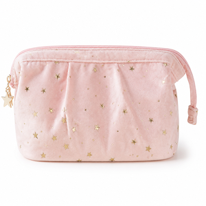 Bolsa de Cosméticos Rosa de Terciopelo con Diseño de Estrella, Bolsa de Aseo Grande para Viaje con Doble Cierre y Asas - Product Image 1