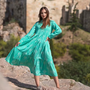 Nouveau Miya bohème robe main bloc imprimé pur coton Floral Turquoise blanc robe d'été à la main éthique mode vêtements - Product Image 1