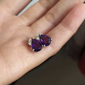 Boucles d'oreilles clous en améthyste poire, argent sterling 925 plaqué or, joli cadeau de bijoux élégant pour femmes, pierre de naissance de février - Product Image 4