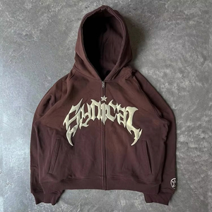 Sweat à capuche zippé oversize pour homme, en coton French Terry, style streetwear, coupe classique, délavé à l'acide, imprimé lettres - Product Image 5