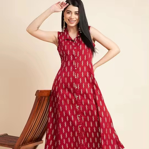 Gran oferta, alta demanda, moda, alta calidad, estampado Floral étnico, tela de algodón sin mangas, conjunto de Kurta de línea A para mujer - Product Image 1