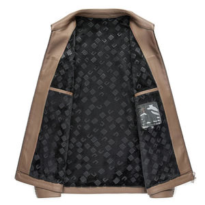 เสื้อโค้ทผู้ชายหนัง PU สีน้ำตาลดำคอปกตั้งลำลอง - Product Image 5